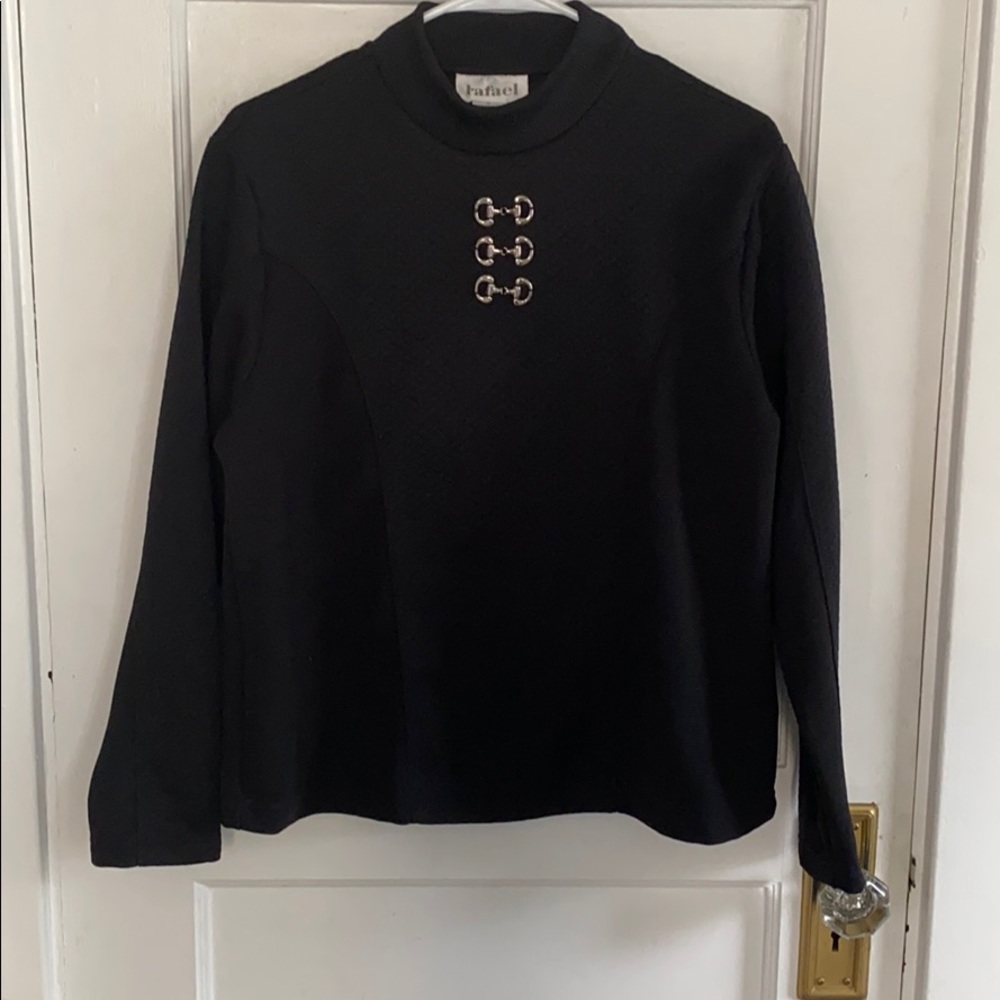 RAFAEL black polyester M long sleeve silver clasps top Grandma old money classic